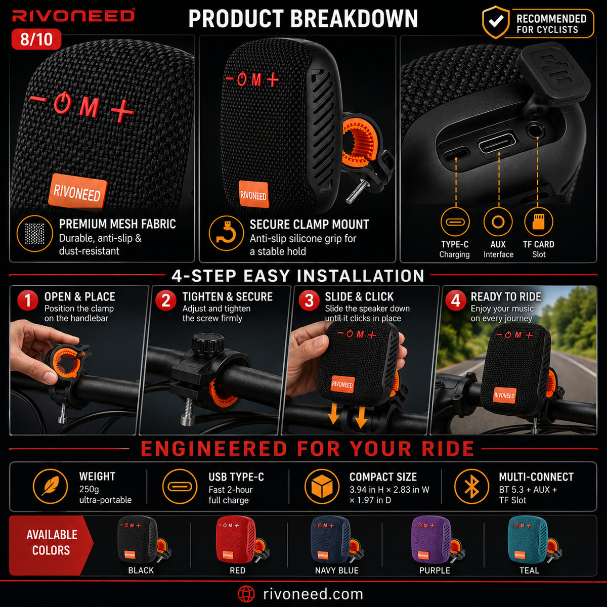 Waterproof Bicycle Bluetooth Speaker with Mounting Bracket