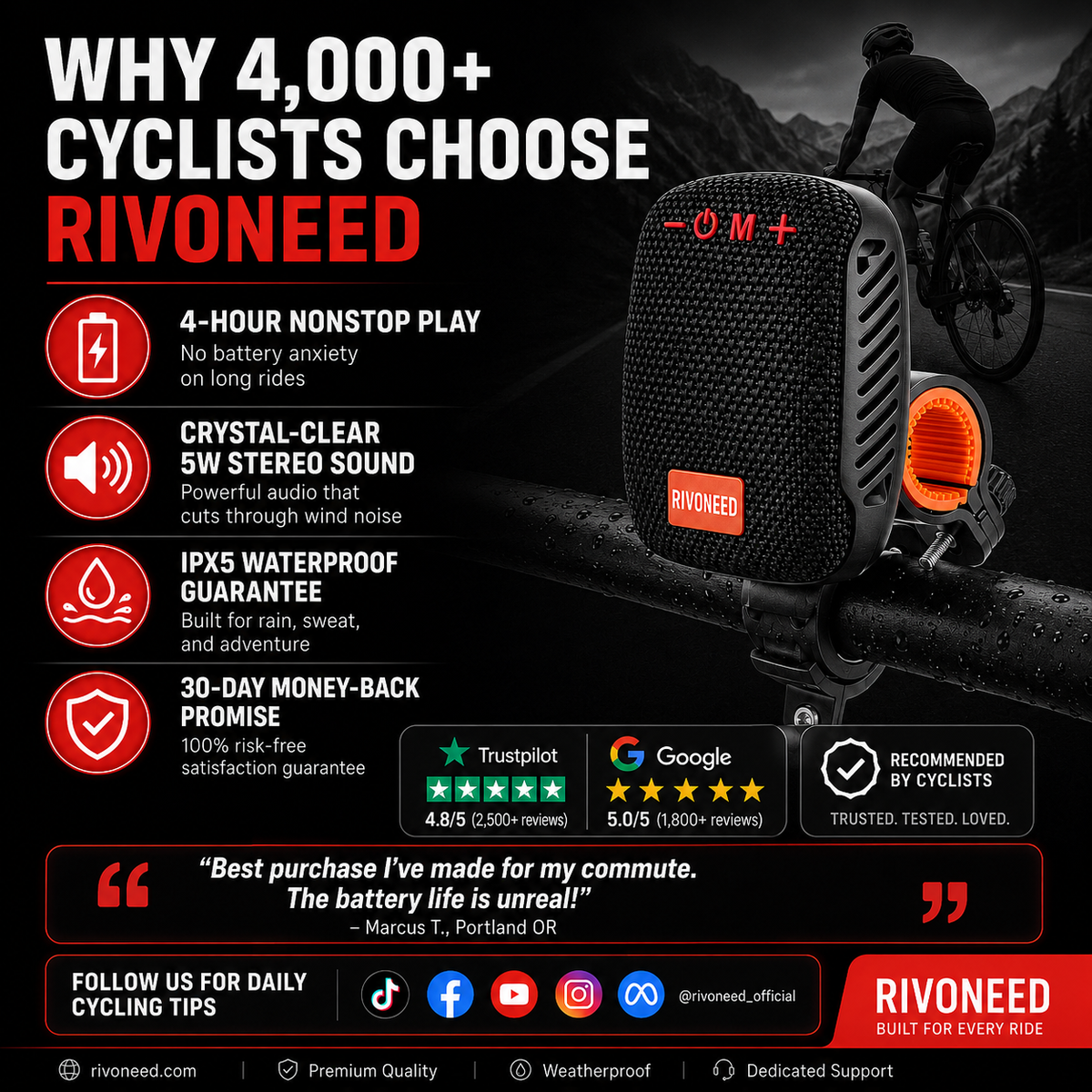 Waterproof Bicycle Bluetooth Speaker with Mounting Bracket